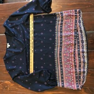 eyeshadow Navy Blue Boho Paisley Print Long Sleeve Blouse Top Women's Size L